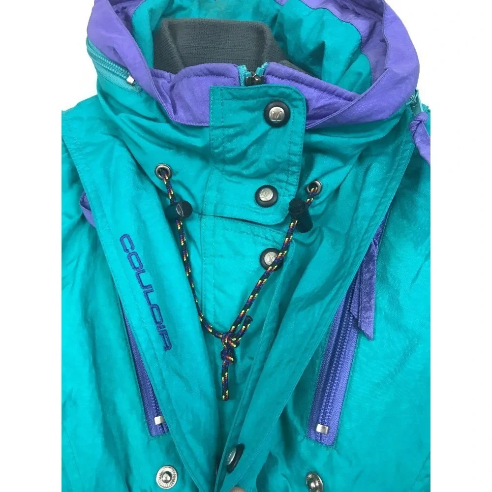 Couloir Ski Jacket Coat Vintage Womens Size 10 Green Purple Hidden Hood‎
